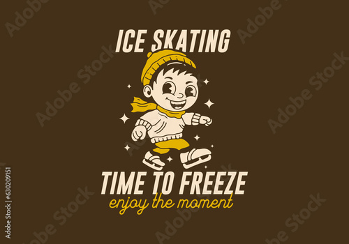 Ice skating time to freeze, mascot character illustration of a little boy playing ice skate