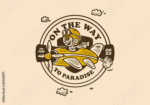 On the way to paradise, Mascot character illustration of a little boy driving a plane