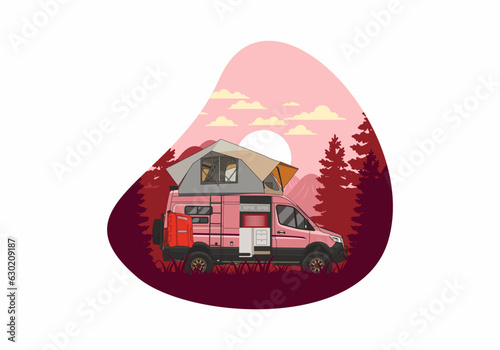 Large van with roof tent illustration design