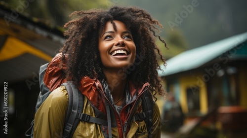 Afro woman hiking and laughing next to a waterfall