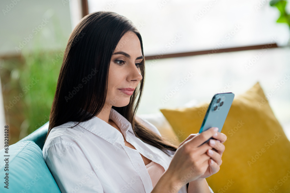 Profile portrait of pretty calm girl sitting sofa hold use smart phone chatting share blog post weekend day house indoors Profile portrait of pretty calm girl sitting sofa hold use smart phone chatting share blog post weekend day house indoors