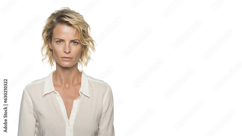 jeune femme blonde un peu triste vue de face avec un chemisier blanc décontracté sur fond clair, espace libre à droite jeune femme blonde un peu triste vue de face avec un chemisier blanc décontracté sur fond clair, espace libre à droite
