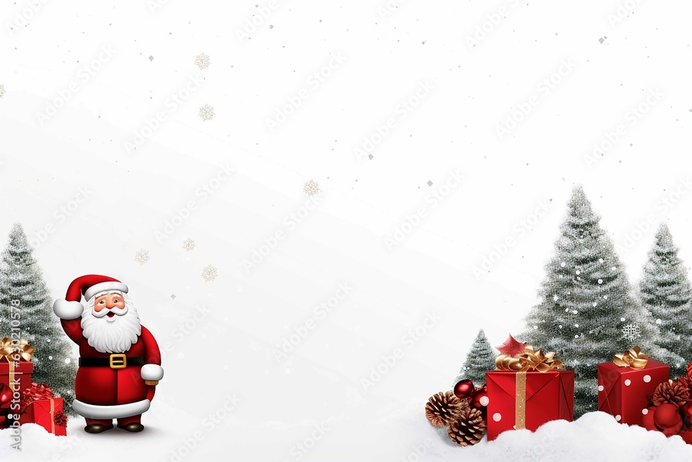 Christmas banner with blank space for text, santa claus celebrate with giftboxes, fir tree branches and red ornaments,whit background generative AI technology