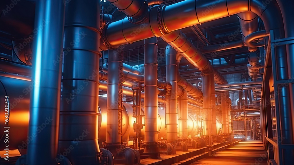 Background with shiny factory pipes.Industrial pipeline, oil and gas factory. Generative Ai