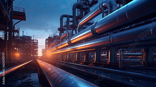 Industry pipeline transport petrochemical  gas and oil processing  equipment steel pipes plant. Generative Ai
