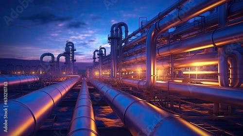 Industry pipeline transport petrochemical, gas and oil processing, equipment steel pipes plant. Generative Ai