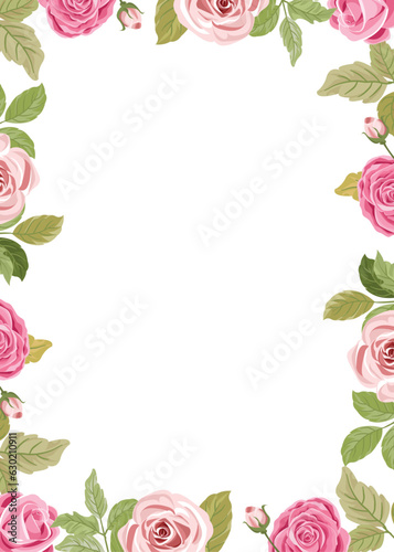 floral border with a bouquet of pink roses and leaves