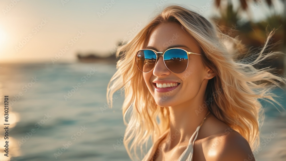 Portrait of smiling young woman in sunglasses, sea and palm trees in the background. Generative AI Portrait of smiling young woman in sunglasses, sea and palm trees in the background. Generative AI