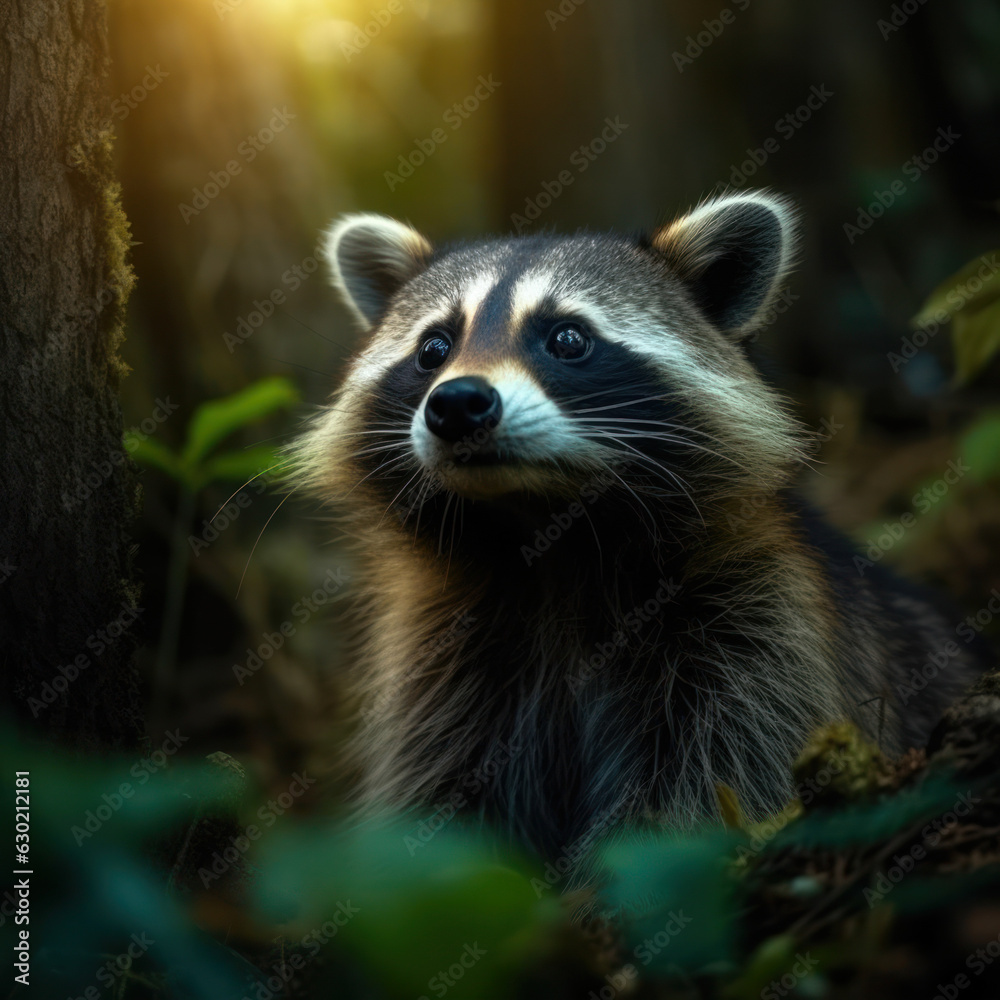 Raccoon in its Natural Habitat, Wildlife Photography, Generative AI