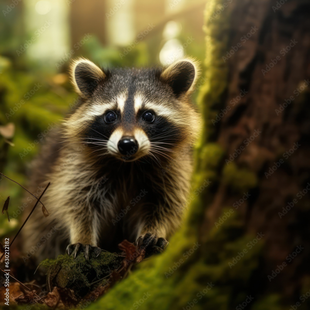 Raccoon in its Natural Habitat, Wildlife Photography, Generative AI