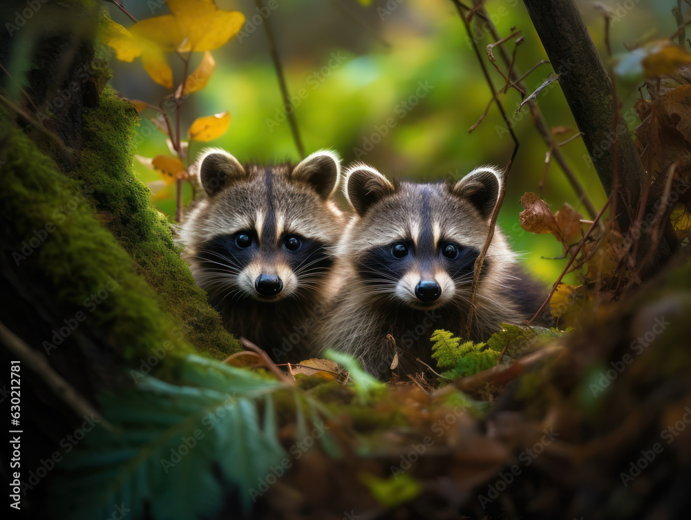 Fototapeta premium Raccoon in its Natural Habitat, Wildlife Photography, Generative AI