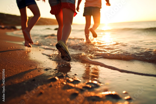 Close-up of running kids legs in shallow sea water - Happy kids playing on beach at the sunrise time - Generative AI. © Bobboz