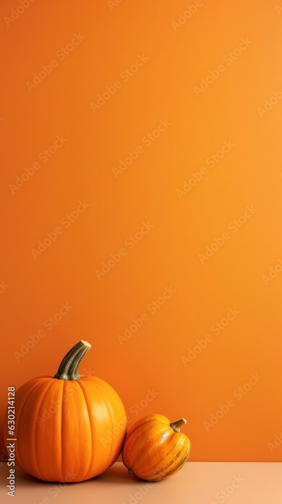 A minimalist orange background with a pumpkin and lots of negative space for copy space. Concept background for autumn and Halloween. A minimalist orange background with a pumpkin and lots of negative space for copy space. Concept background for autumn and Halloween.
