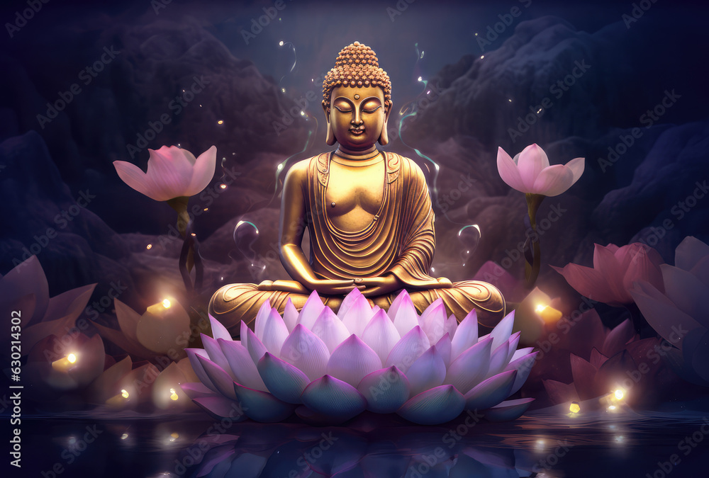 glowing Lotus flowers and gold buddha statue, generative AI	
