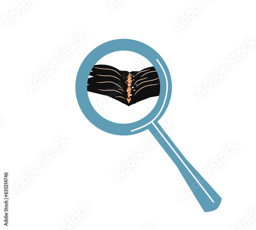 close-up vector illustration of dandruff from a magnifying glass, on a white background