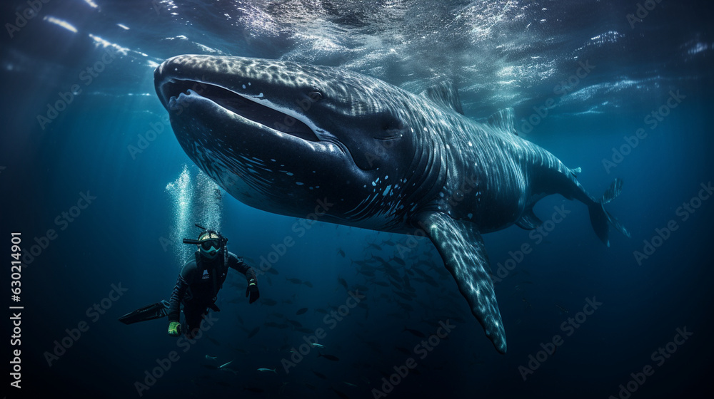 An exhilarating shot of a diver swimming alongside a majestic humpback whale 