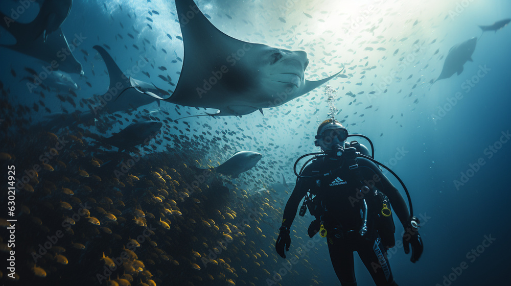 A unique perspective of a diver observing a massive manta ray passing gracefully overhead  - obrazy, fototapety, plakaty 