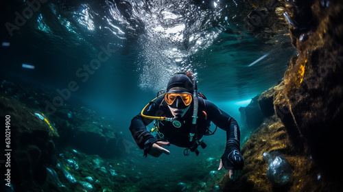 A free diver gliding effortlessly through an underwater cave  illuminated by their diving torch 