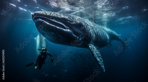 An exhilarating shot of a diver swimming alongside a majestic humpback whale  © Наталья Евтехова