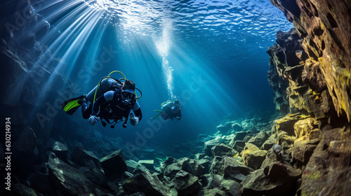 An adventurous diver exploring a mysterious underwater cave with hidden chambers 