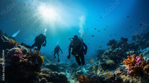 A group of divers marveling at a breathtaking underwater seascape with vibrant marine biodiversity 