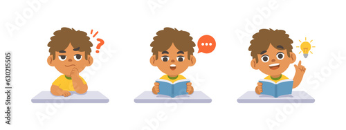 a black boy in doubt or have a question, reading the book, get an idea on the desk, study set. illustration cartoon character vector design on white background. kid and education concept.