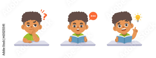a black boy V.2 in doubt or have a question, reading the book, get an idea on the desk, study set. illustration cartoon character vector design on white background. kid and education concept.