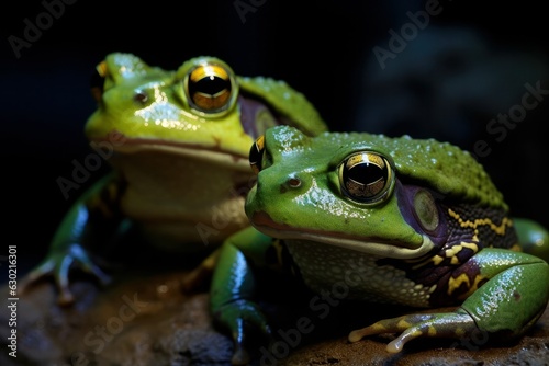 two green tree frogs laying on a tree branch close up. Two frogs resting on a branch. European Tree Frogs, Hyla arborea