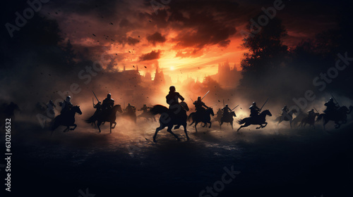 Fotografia Medieval battle scene with cavalry and infantry