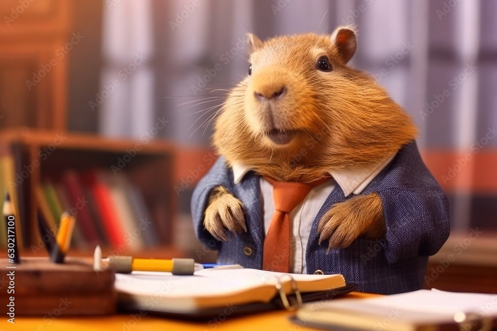 cute capybara wearing suit jacket and red tie working in the office. Clerk Capybara in office. pet at work. Funny rodent prepare presentation. Business scene cute capybara wearing suit jacket and red tie working in the office. Clerk Capybara in office. pet at work. Funny rodent prepare presentation. Business scene