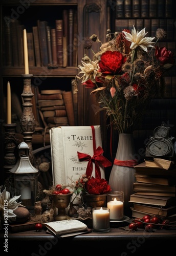 Festive Decor and Candlelight with a Red Publication. New years decorstion.  photo