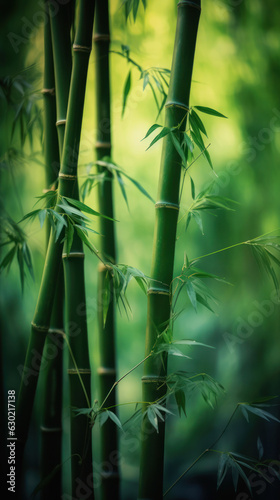 Closeup view of green bamboo stems with leaves and blurred background. Vertical composition. Generative AI