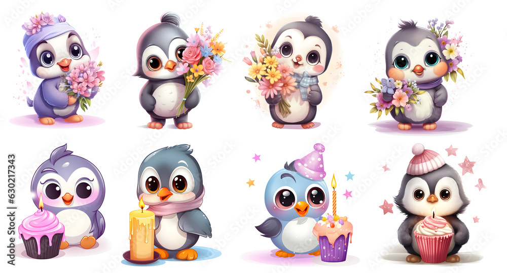 Birthday with cute Penguin Clip Art Set, Sticker isolated, PNG, generated ai Birthday with cute Penguin Clip Art Set, Sticker isolated, PNG, generated ai