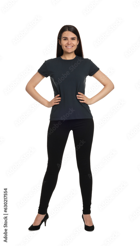 Fototapeta premium Woman wearing stylish black jeans and high heels shoes on white background