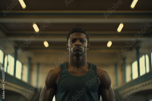 Confident focused concentrated black athlete in gym