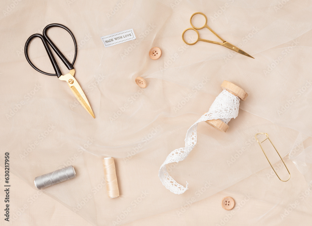 Sewing supplies and accessories for needlework. Craft hobby background. Recomforting, destressing hobby