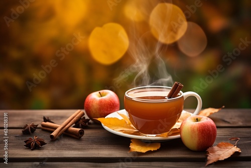 Fotobehang steaming mug of hot apple cider with a cinnamon stick on a wooden table, surroun