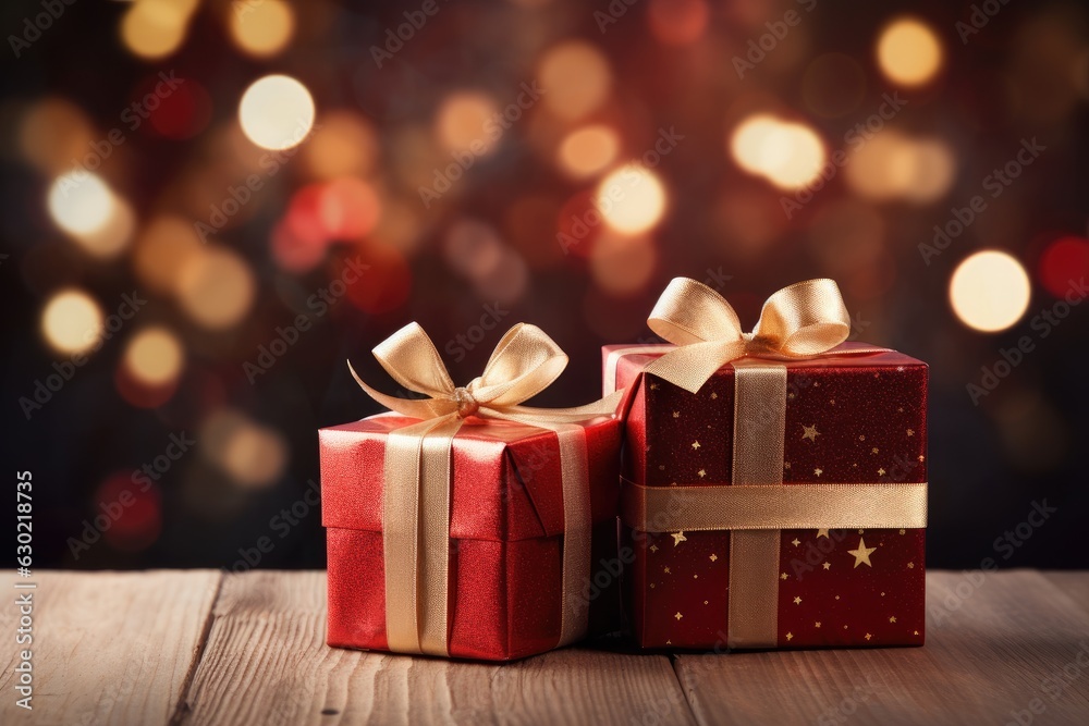 christmas red gift boxes on the wooden floor Blurred Shiny Lights christmas red gift boxes on the wooden floor Blurred Shiny Lights