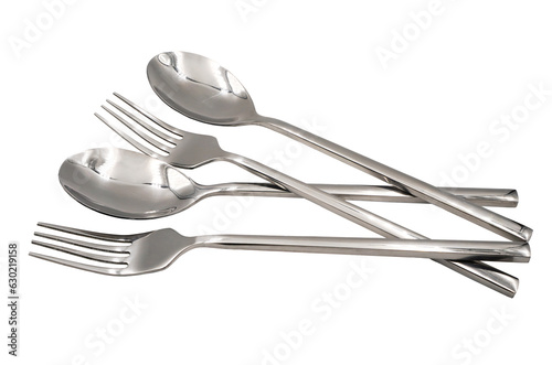 set of new and shiny stainless spoons and forks isolated in PNG format , kitchenware or utensils concept	