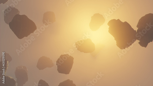 Asteroids in blurry hazy light