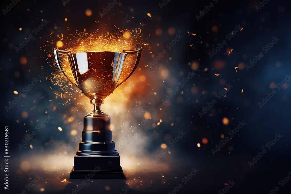 Generative AI, Winner trophy with flames, golden champion cup with falling confetti on dark background. Generative AI, Winner trophy with flames, golden champion cup with falling confetti on dark background.