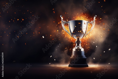 Generative AI, Winner trophy with flames, golden champion cup with falling confetti on dark background.