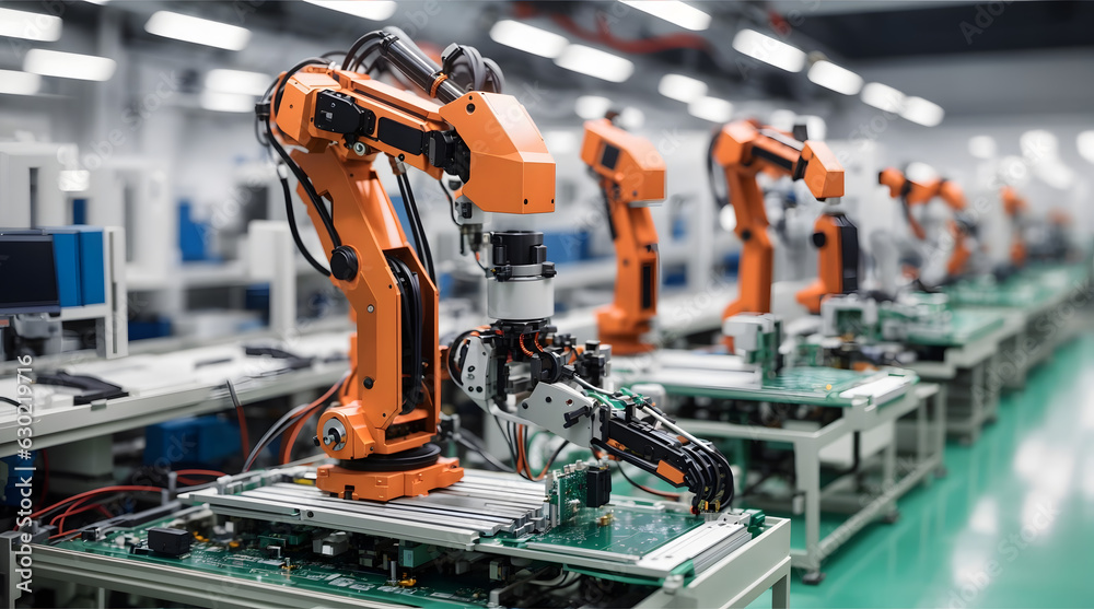 製造工場のロボットアームとコンベア｜Robotic arms and conveyors in a manufacturing plant. Generative AI