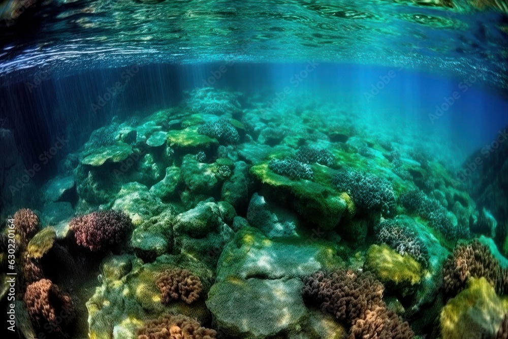 Obraz premium Underwater coral reef landscape super wide banner background in the deep blue ocean. Bright beams of sunlight refracting through the surface of the ocean. Ocean Underwater Background Image