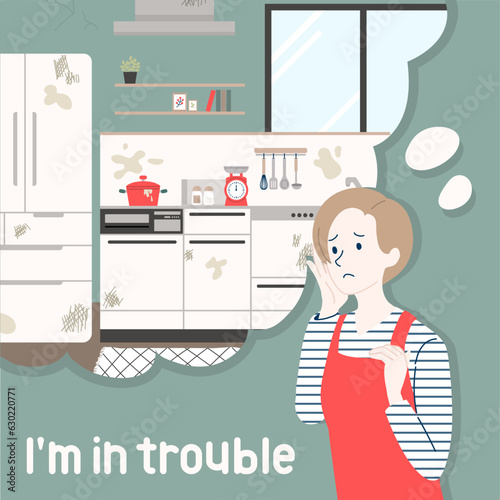 キッチンの汚れで困っているイラスト_線なし