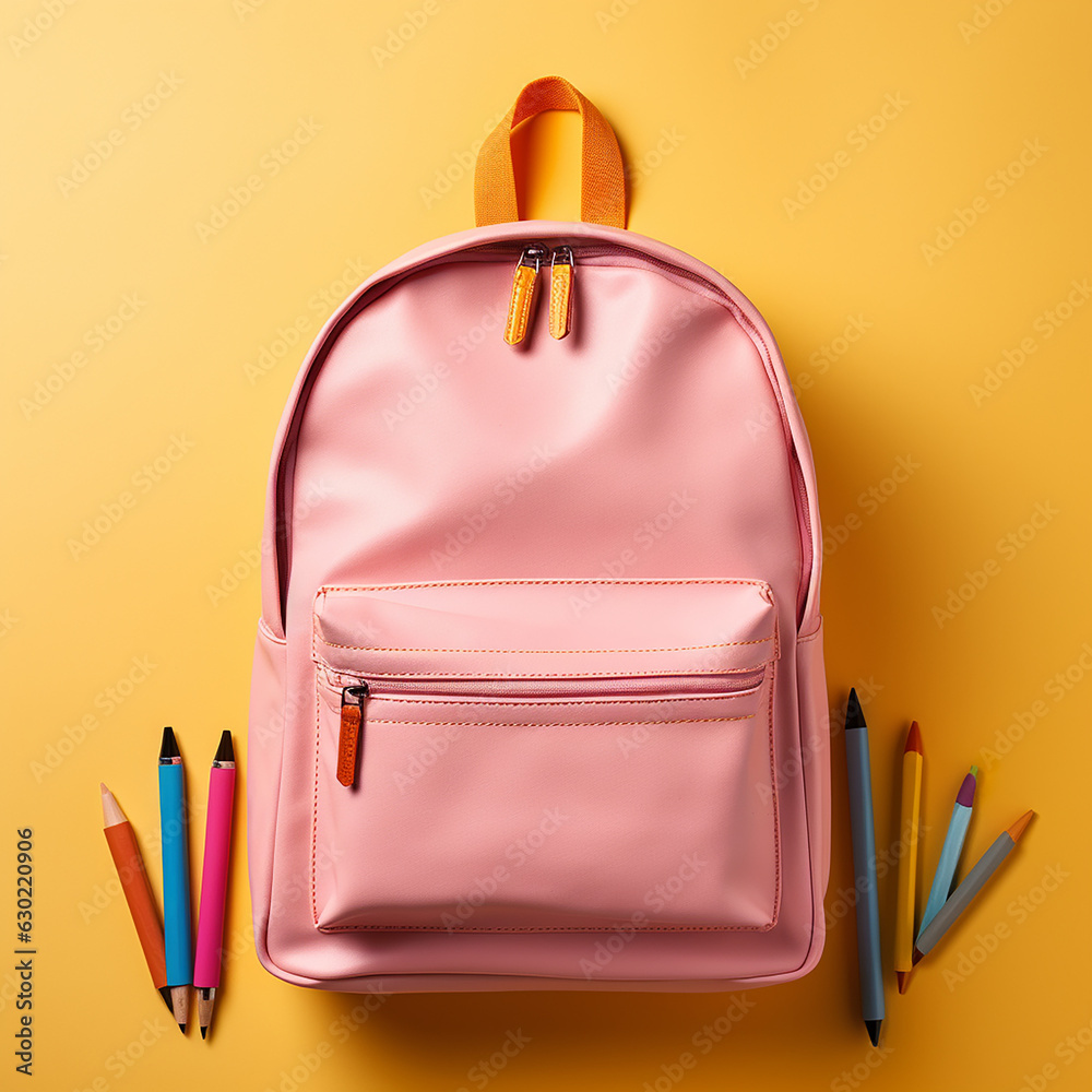 Backpack with school supplies top view on pink empty space background. Made with generative ai Backpack with school supplies top view on pink empty space background. Made with generative ai