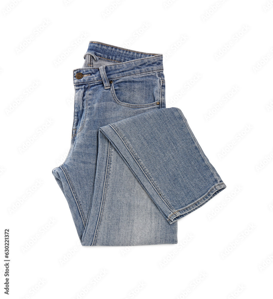 Stylish light blue jeans isolated on white, top view