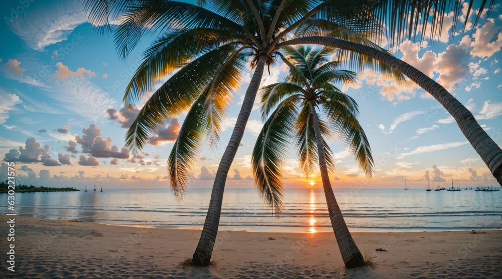 sunset at tropical beach and coconut tree