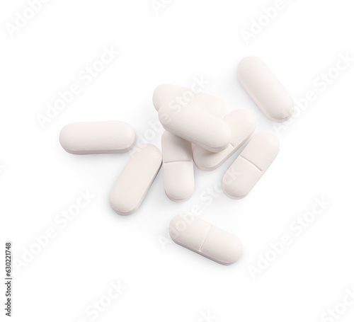 Many pills isolated on white, top view