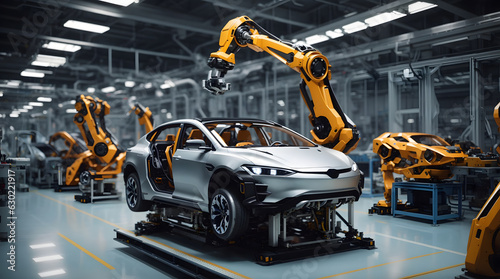 自動車製造工場で車を溶接するロボットアーム｜Robot arms welding cars in a car factory. Generative AI